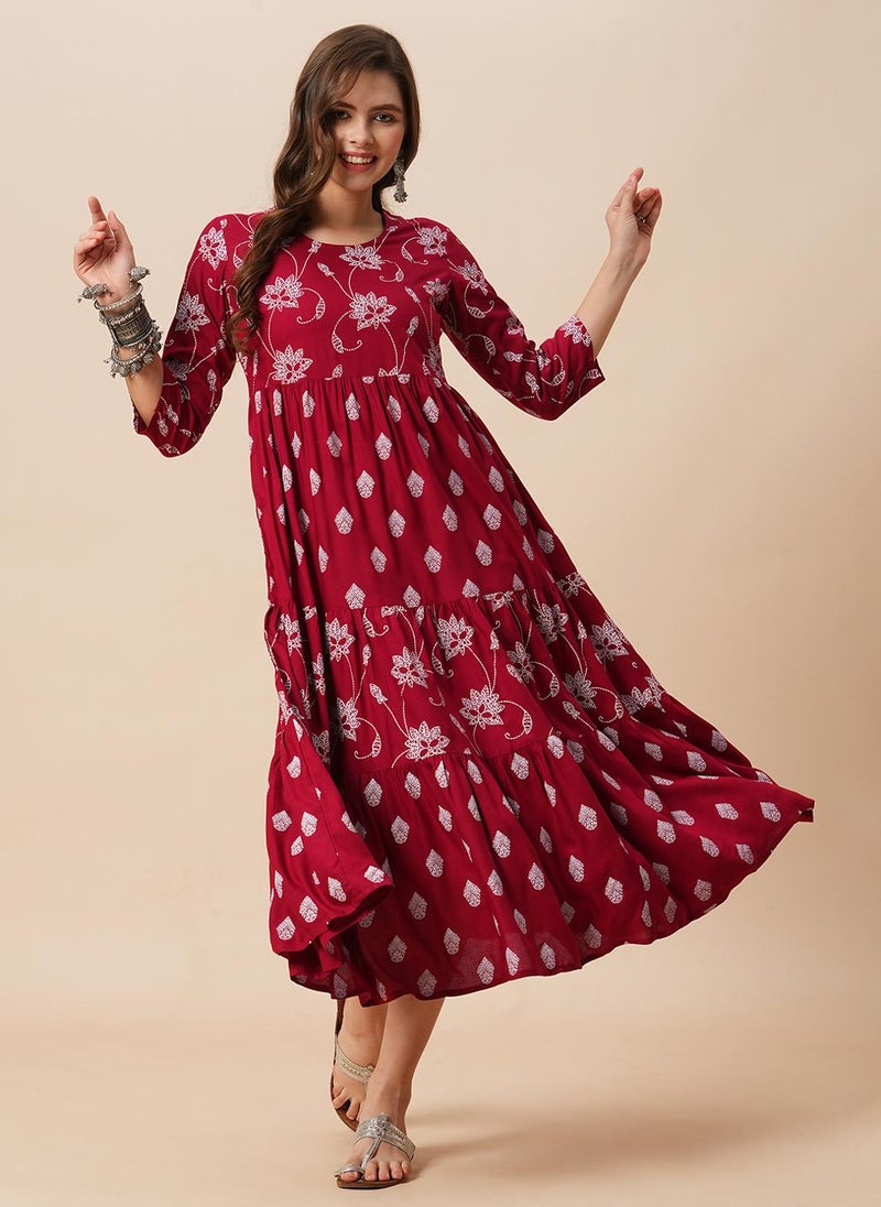 Globus Women Round Neck Floral Ethnic Print Gathered Tiered A-Line Midi Dress - Image 1